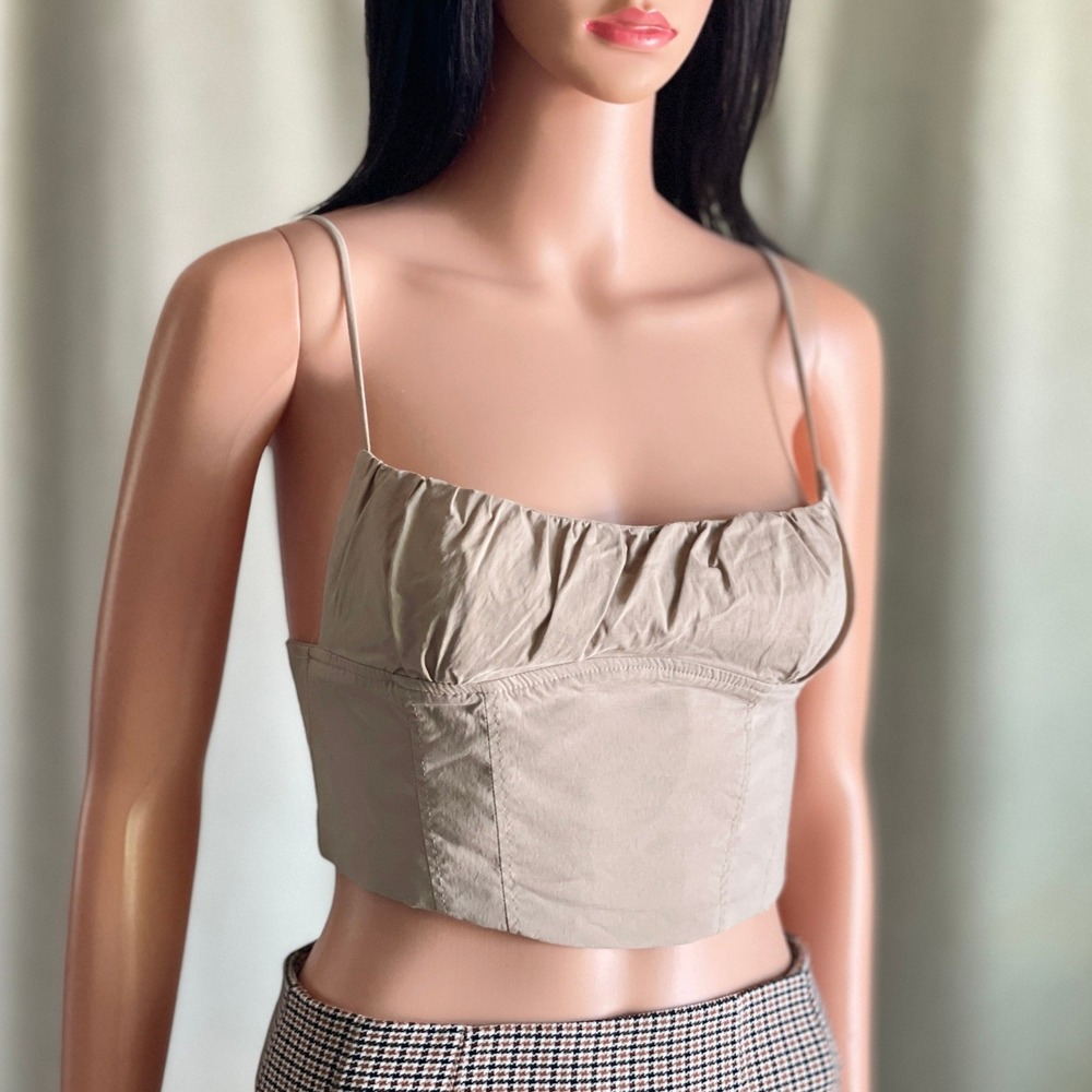 Zara Tan Ruched Corset Crop Top Khaki Button Back Neutral Cottagecore Festival M